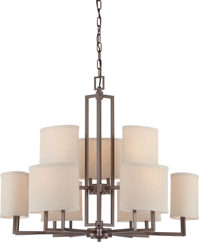 Gemini - 9 Light Chandelier with Khaki Fabric Shades - Hazel Bronze Finish